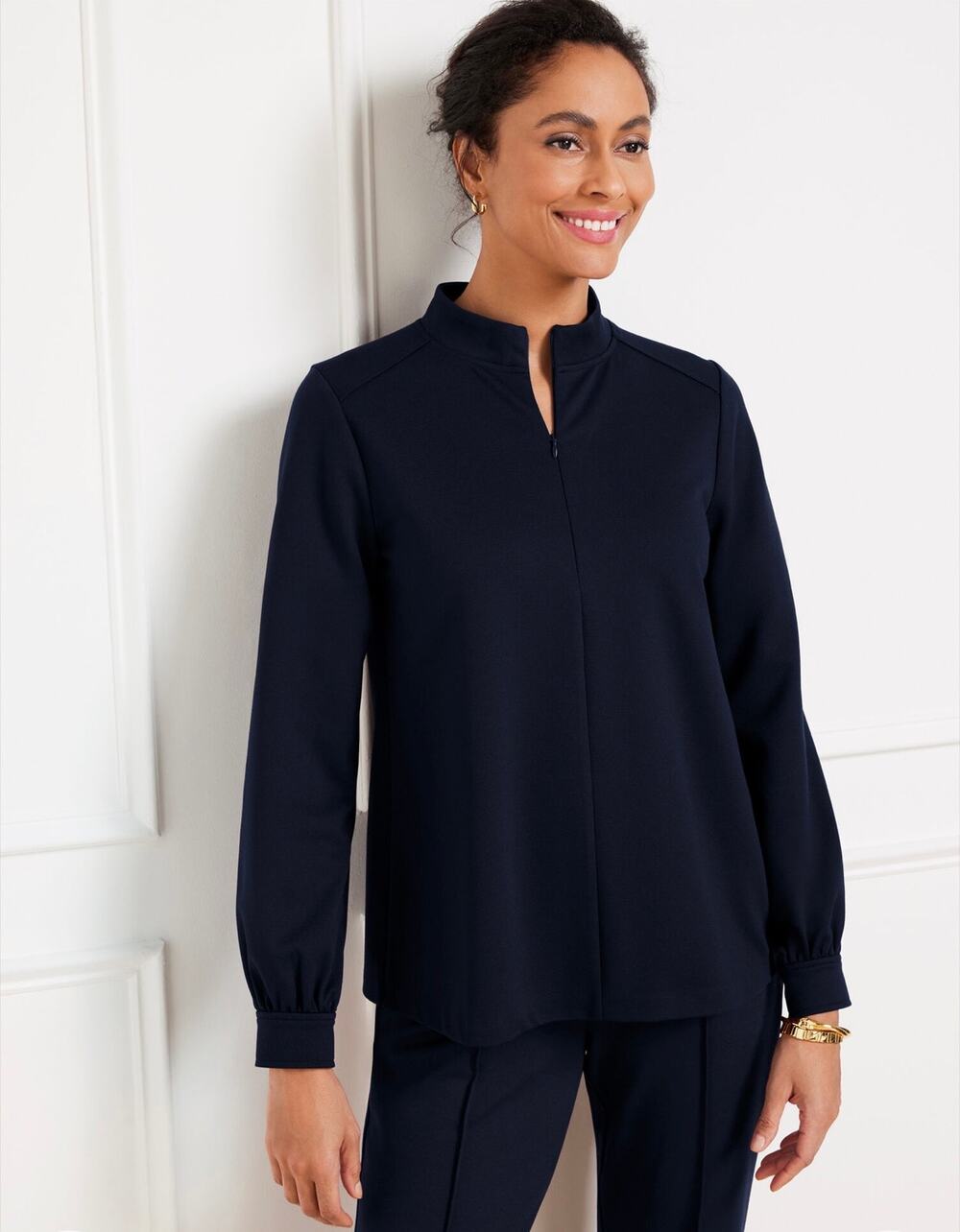 Talbots Women's Navy Blue Passport Ponte Zip Mockneck Pullover Top Size L